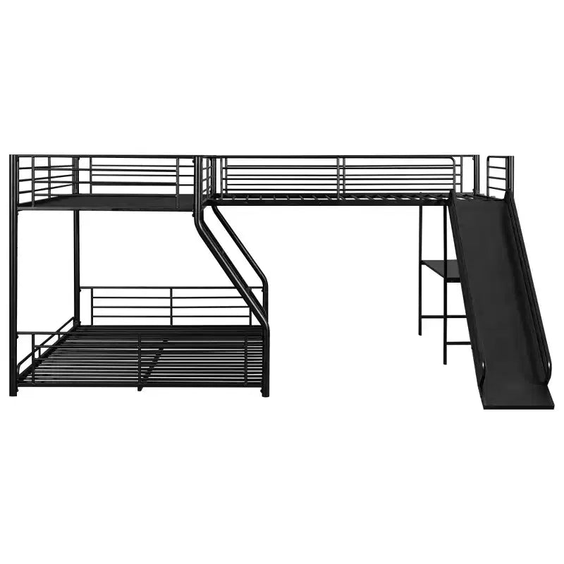 Lit superposé en métal (double au-dessus de grand), lit superposé en L pour 3 enfants, lit superposé triple robuste avec bureau et toboggan, noir