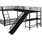 Lit superposé en métal (double au-dessus de grand), lit superposé en L pour 3 enfants, lit superposé triple robuste avec bureau et toboggan, noir
