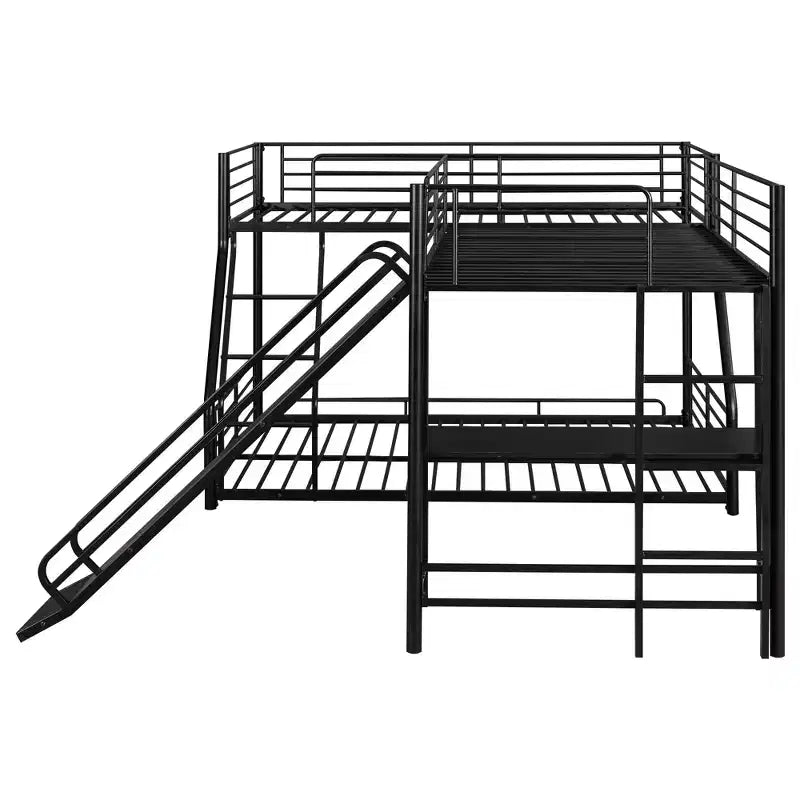 Lit superposé en métal (double au-dessus de grand), lit superposé en L pour 3 enfants, lit superposé triple robuste avec bureau et toboggan, noir