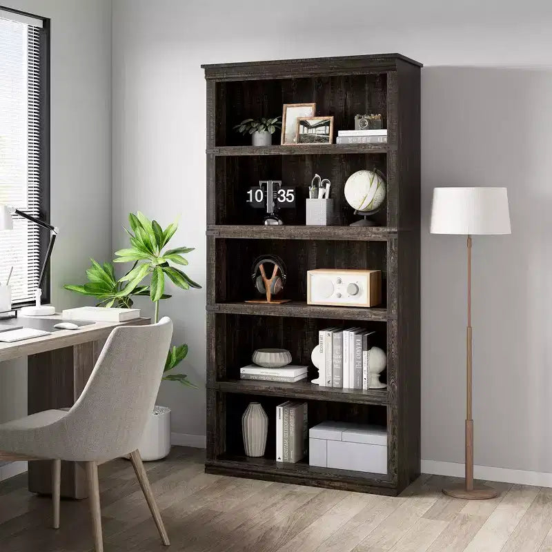 Bibliothèque de ferme à 5 étagères, avec rangement, étagères ouvertes, étagères de rangement, bibliothèques en bois de 81 cm de large pour bureau, bibliothèque