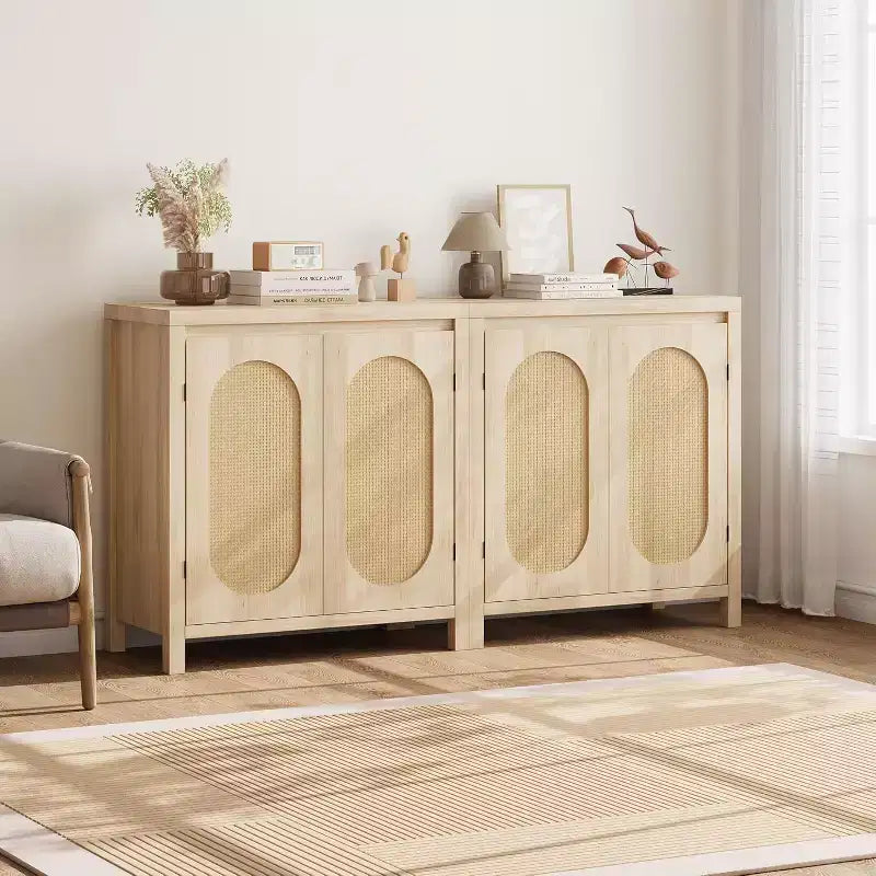 COZONY 30 Buffet bahut en rotin style Mid-Century avec étagères réglables, meuble de rangement rétro pour salon ou salle à manger