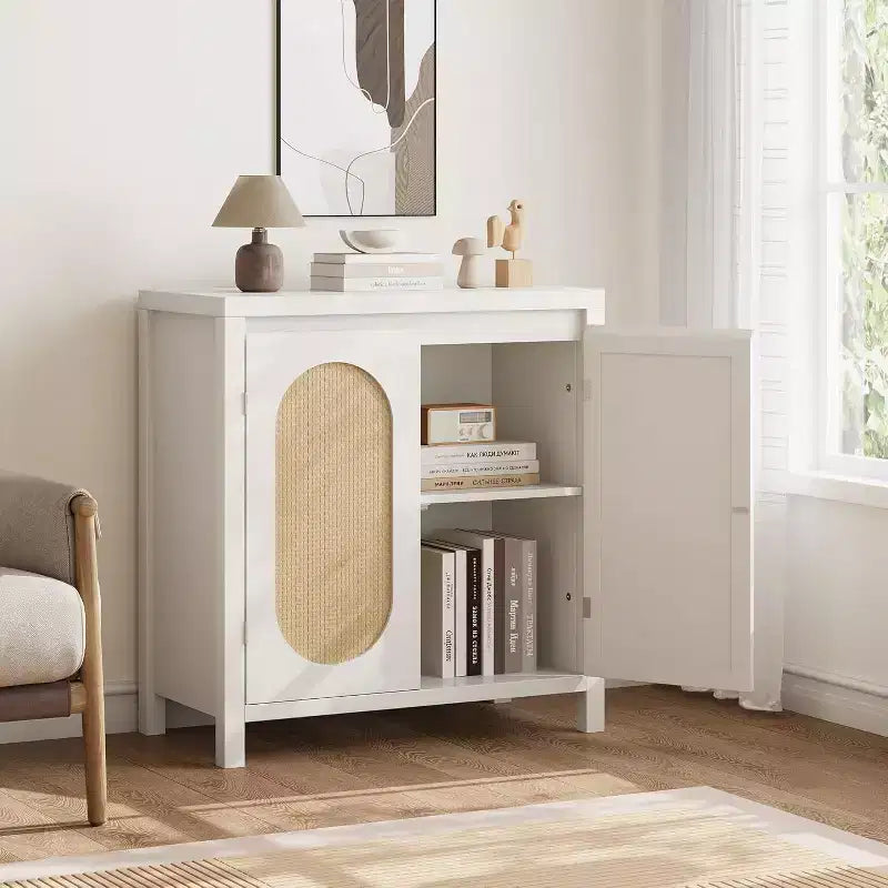 COZONY 30 Buffet bahut en rotin style Mid-Century avec étagères réglables, meuble de rangement rétro pour salon ou salle à manger