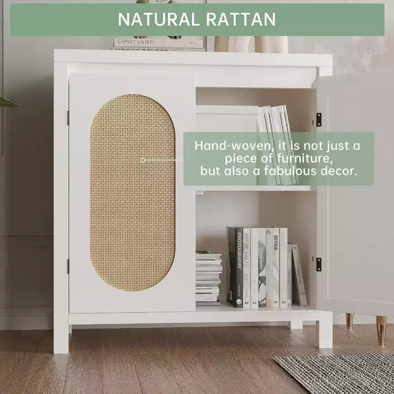 COZONY 30 Buffet bahut en rotin style Mid-Century avec étagères réglables, meuble de rangement rétro pour salon ou salle à manger