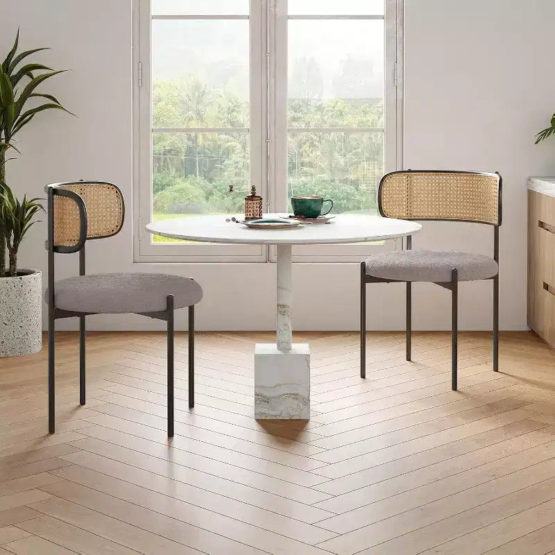 Chaises de salle à manger modernes rembourrées, lot de 4, dossier en rotin, chaises d'appoint de cuisine avec pieds en métal, rose