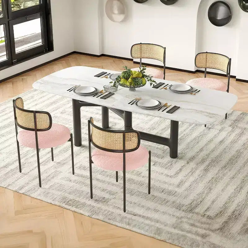 Chaises de salle à manger modernes rembourrées, lot de 4, dossier en rotin, chaises d'appoint de cuisine avec pieds en métal, rose
