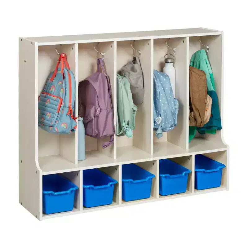 Portemanteau-vestiaire 5 sections avec banc et 5 bacs avant évidés pour tout-petits ECR4Kids Streamline