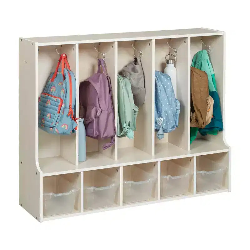 Portemanteau-vestiaire 5 sections avec banc et 5 bacs avant évidés pour tout-petits ECR4Kids Streamline