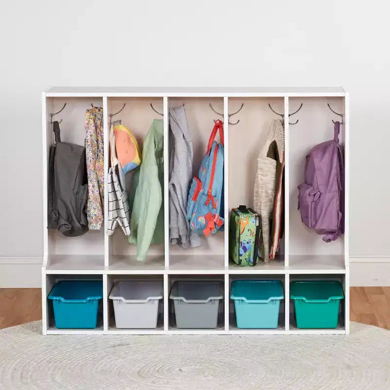 Portemanteau-vestiaire 5 sections avec banc et 5 bacs avant évidés pour tout-petits ECR4Kids Streamline