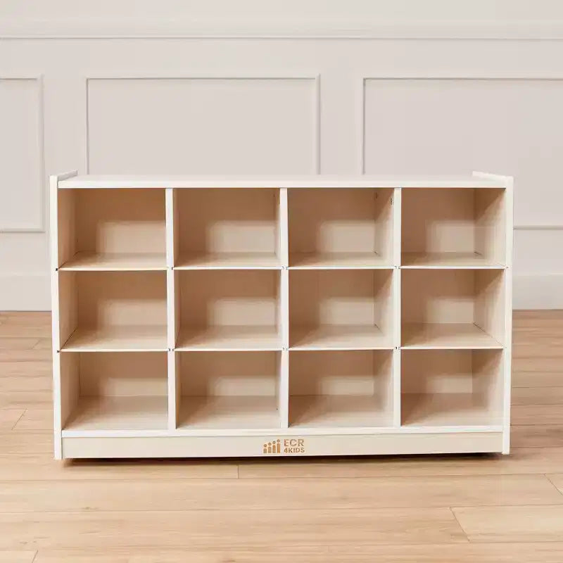 Meuble de rangement mobile ECR4Kids à 12 casiers et 15 bacs Scoop Front, 3x4, mobilier pour enfants