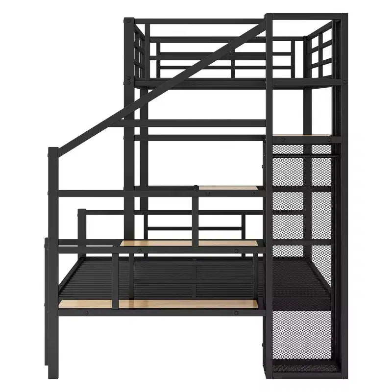 Lit superposé en métal une place et demi avec escalier de rangement, cadre de lit en acier robuste avec armoire ouverte pour enfants, adolescents et adultes, noir