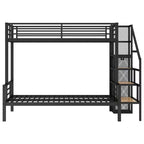 Lit superposé en métal une place et demi avec escalier de rangement, cadre de lit en acier robuste avec armoire ouverte pour enfants, adolescents et adultes, noir