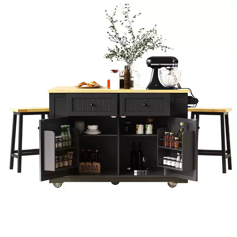 Ensemble îlot de cuisine 48 avec 2 tabourets de bar, abattant, prise de courant, 2 tiroirs, rangement avec porte, 5 étagères latérales, chariot de cuisine roulant