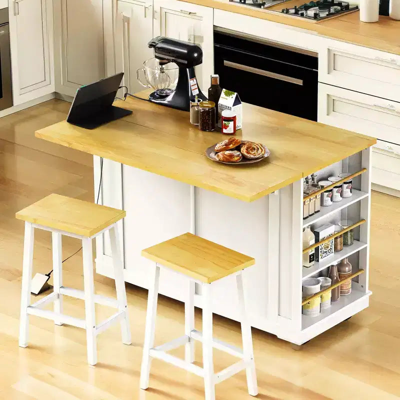 Ensemble îlot de cuisine 48 avec 2 tabourets de bar, abattant, prise de courant, 2 tiroirs, rangement avec porte, 5 étagères latérales, chariot de cuisine roulant