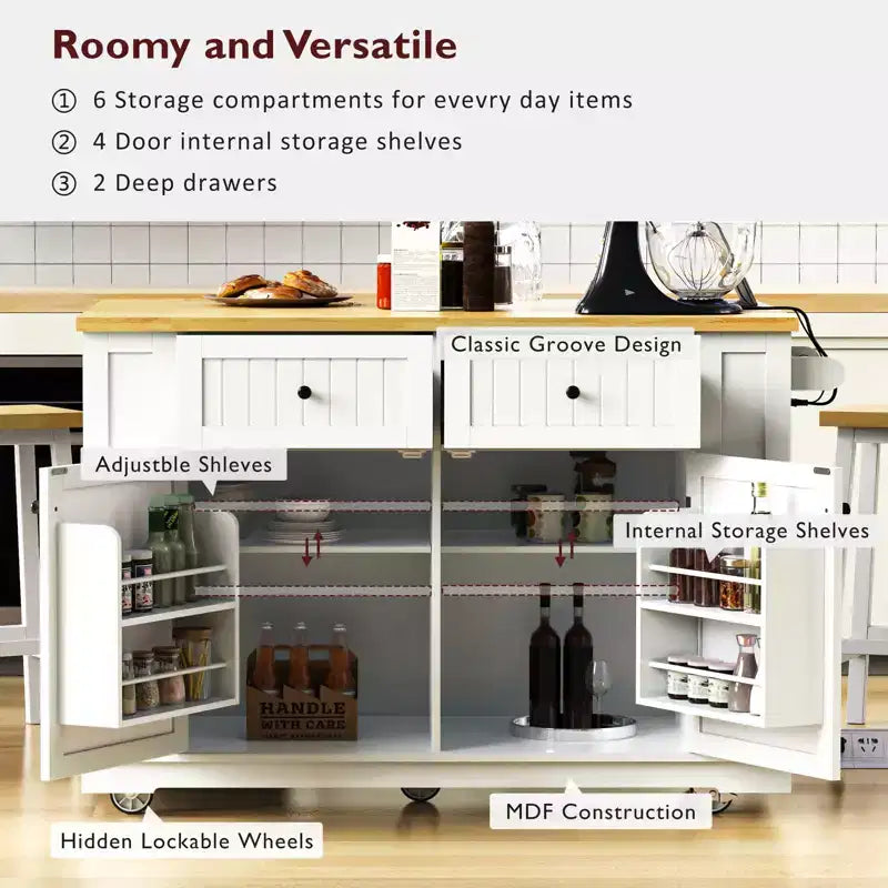 Ensemble îlot de cuisine 48 avec 2 tabourets de bar, abattant, prise de courant, 2 tiroirs, rangement avec porte, 5 étagères latérales, chariot de cuisine roulant