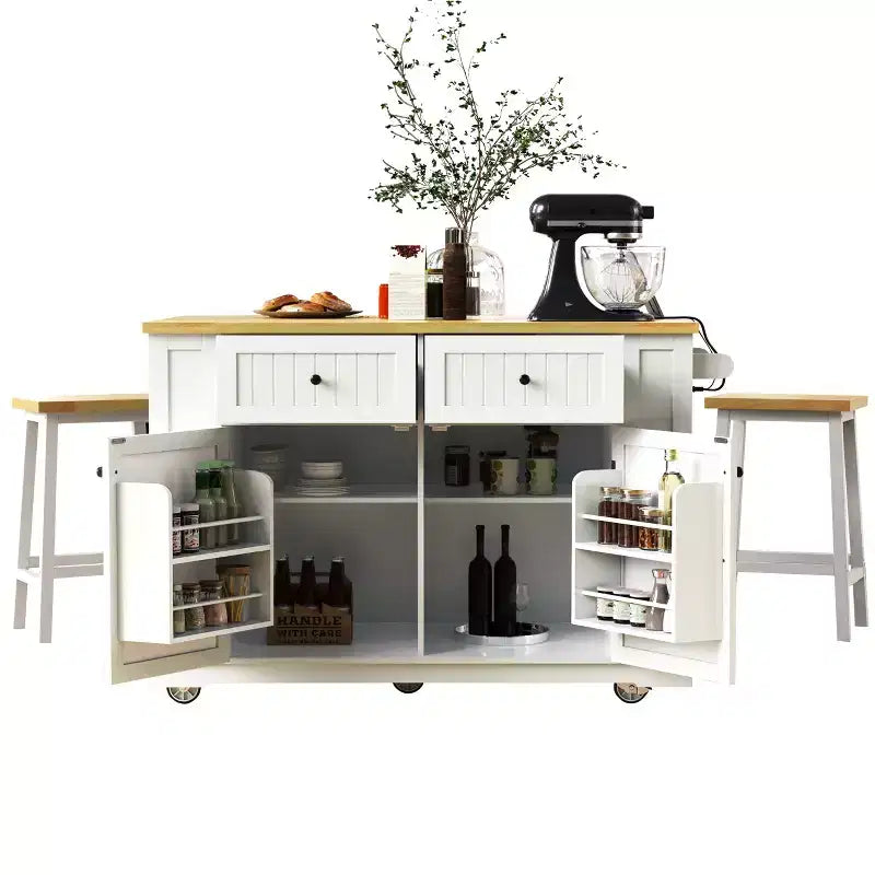 Ensemble îlot de cuisine 48 avec 2 tabourets de bar, abattant, prise de courant, 2 tiroirs, rangement avec porte, 5 étagères latérales, chariot de cuisine roulant