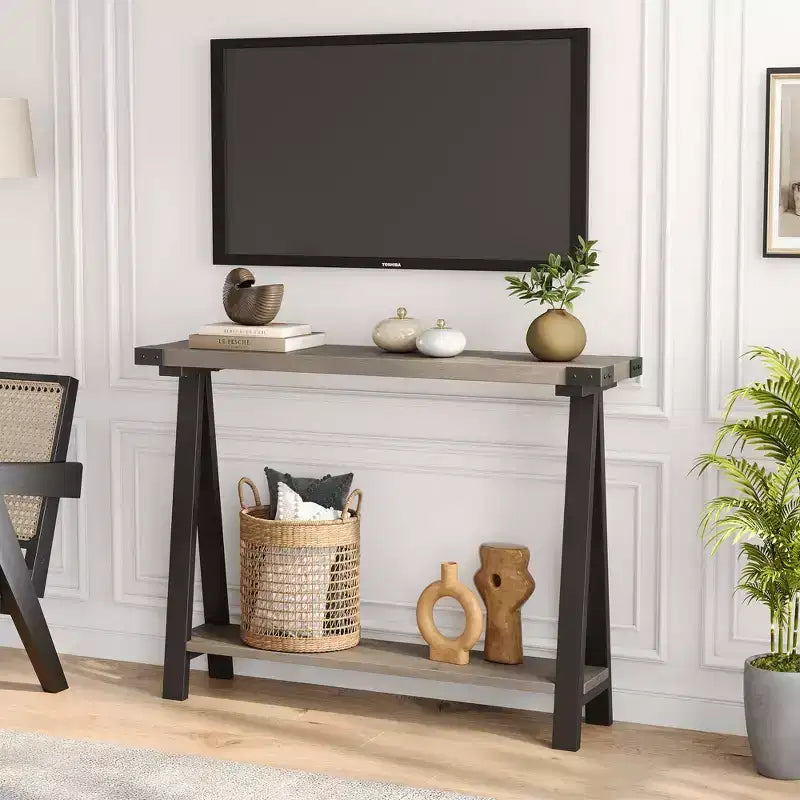 Console de ferme GustoWave avec rangement, table d'entrée étroite à 2 niveaux avec cadre en métal et MDF pour le salon - Rustique