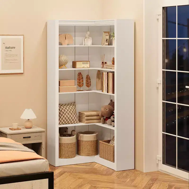 Bibliothèque d'angle de 182 cm de haut, bibliothèque d'angle en L à 5 niveaux, étagères de style fermier avec rangement pour salon, bureau à domicile, blanc