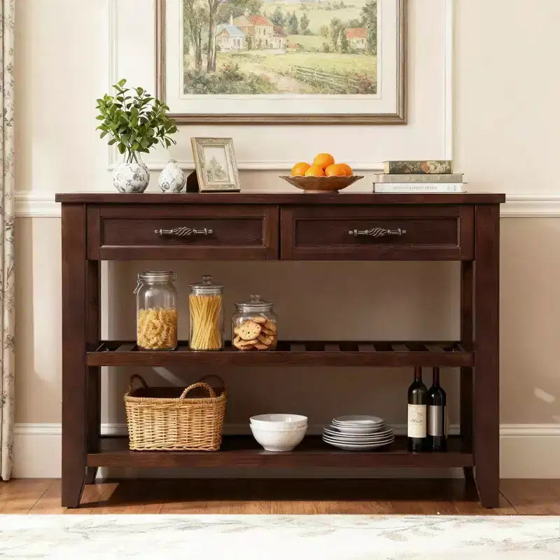 Hostack 42'' Console Table Sideboard with 2 Storage Drawers and 2 Tiers Shelves for Living and Dining Room, Espresso