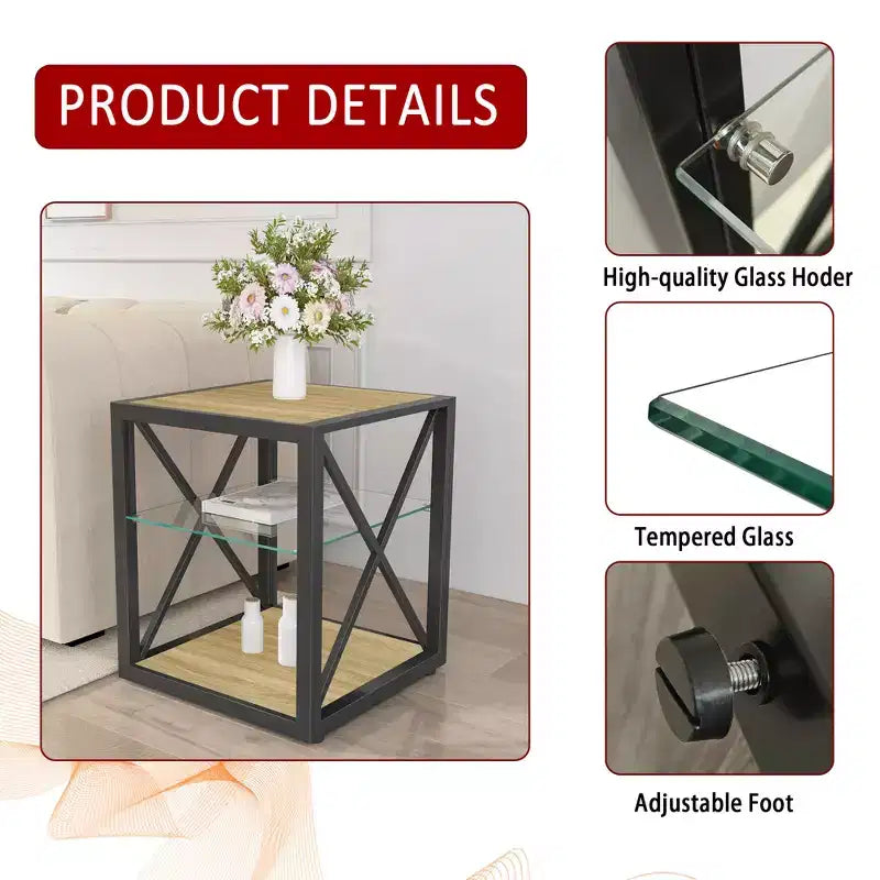Lot de 2 tables d'appoint modernes avec tiroir - Tables de chevet en MDF grain de bois rustique et plateau en verre trempé pour chambre et salon