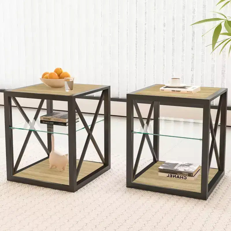 Lot de 2 tables d'appoint modernes avec tiroir - Tables de chevet en MDF grain de bois rustique et plateau en verre trempé pour chambre et salon