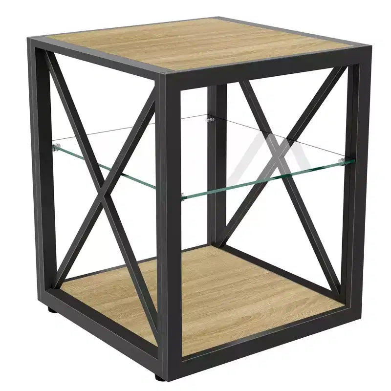 Lot de 2 tables d'appoint modernes avec tiroir - Tables de chevet en MDF grain de bois rustique et plateau en verre trempé pour chambre et salon