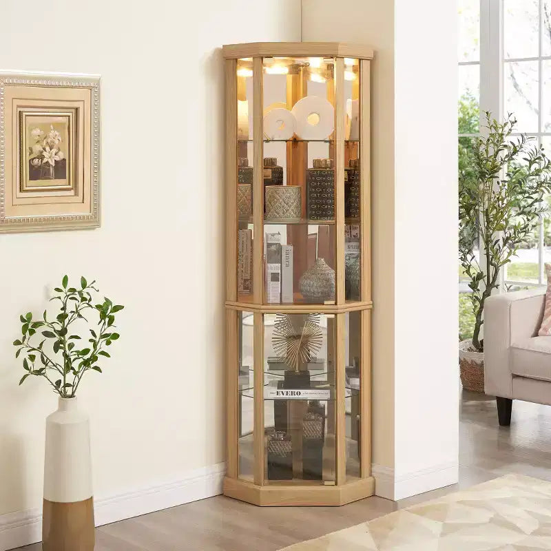 Meuble d'angle Okak, Vitrine d'angle avec portes et étagères en verre, Vitrine d'exposition d'angle pour salon