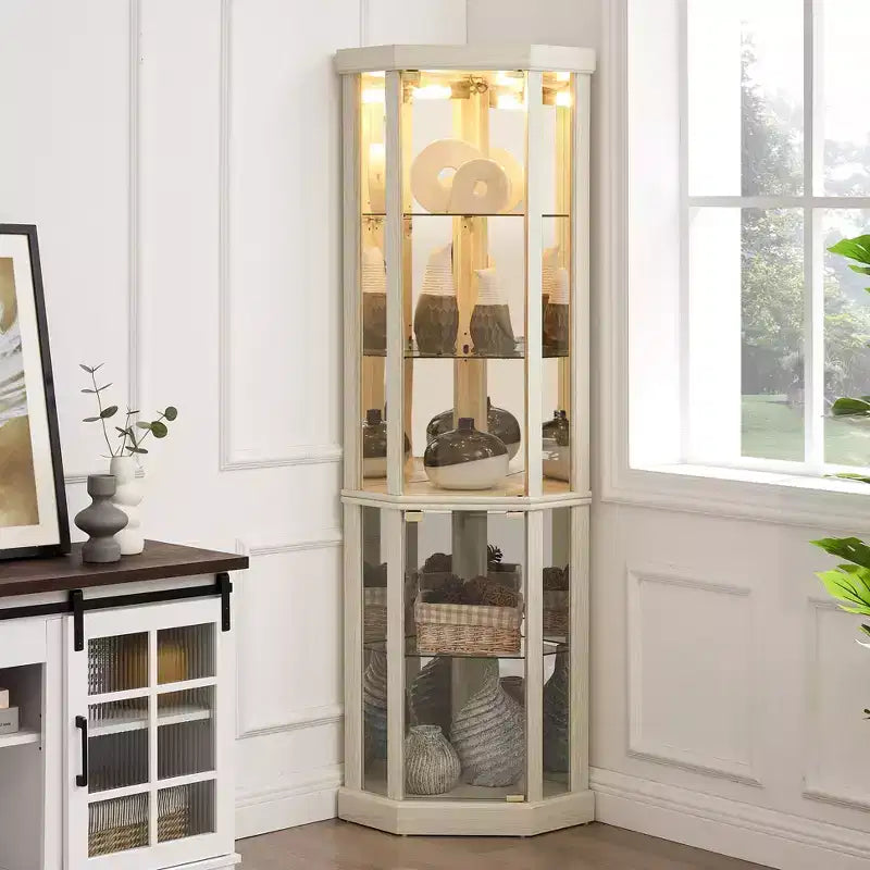 Meuble d'angle Okak, Vitrine d'angle avec portes et étagères en verre, Vitrine d'exposition d'angle pour salon