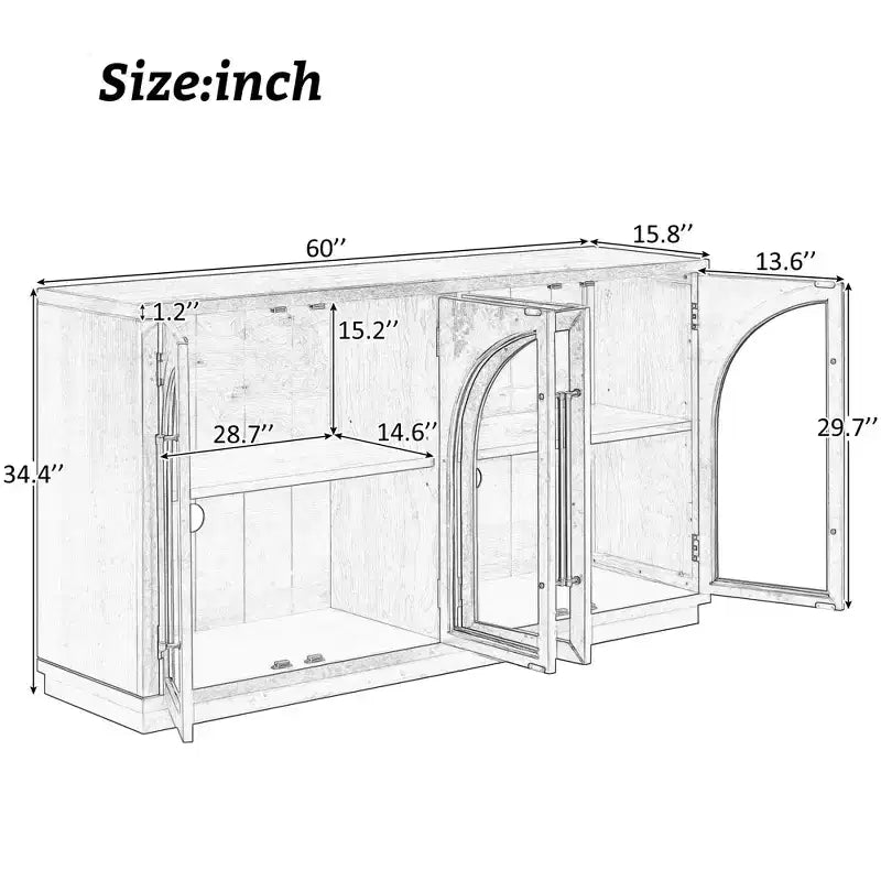 Bahut buffet 4 portes Luxystar avec grand rangement, portes en verre et étagères réglables pour salle à manger et salon, bois naturel