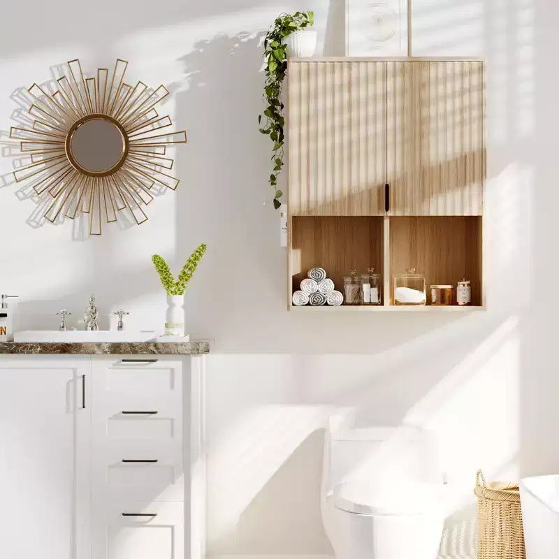 Meuble mural de salle de bain, Organisateur de salle de bain finition naturelle, Meuble de rangement au-dessus des toilettes avec étagère réglable, Armoire à pharmacie en bois avec charnières