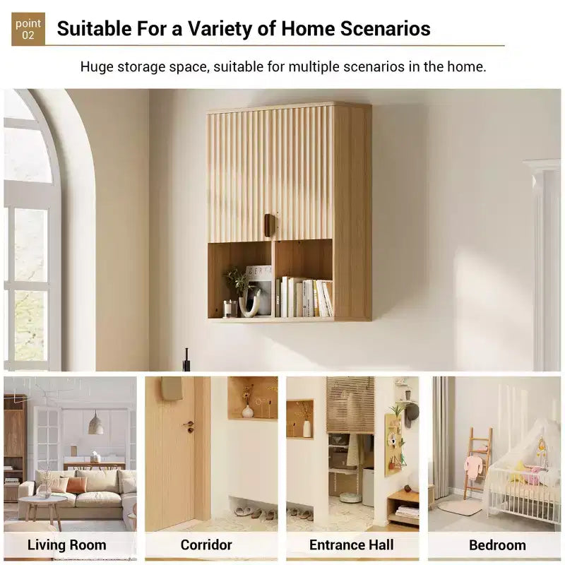 Meuble mural de salle de bain, Organisateur de salle de bain finition naturelle, Meuble de rangement au-dessus des toilettes avec étagère réglable, Armoire à pharmacie en bois avec charnières