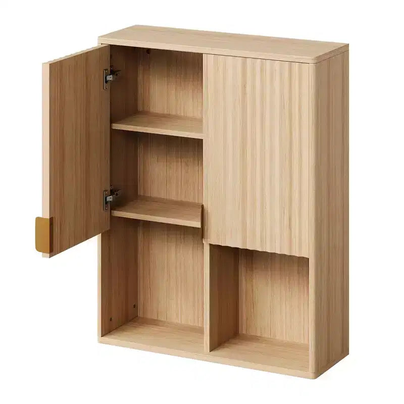 Meuble mural de salle de bain, Organisateur de salle de bain finition naturelle, Meuble de rangement au-dessus des toilettes avec étagère réglable, Armoire à pharmacie en bois avec charnières