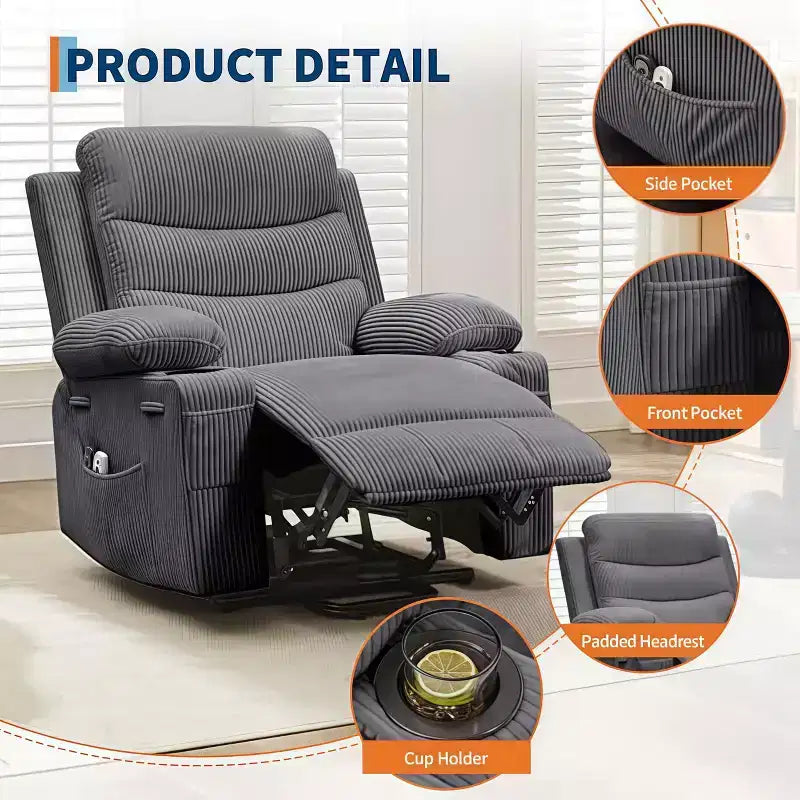 Fauteuil inclinable électrique surdimensionné GustoWave avec massage et chaleur pour personnes âgées, grand fauteuil inclinable, canapé inclinable individuel.