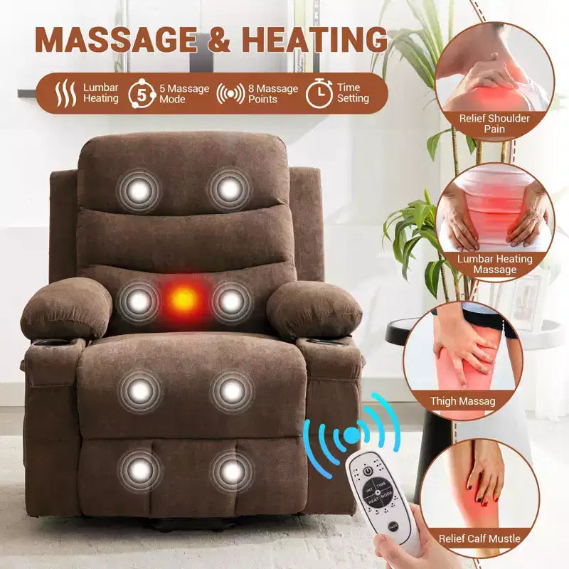 Fauteuil inclinable électrique surdimensionné GustoWave avec massage et chaleur pour personnes âgées, grand fauteuil inclinable, canapé inclinable individuel.