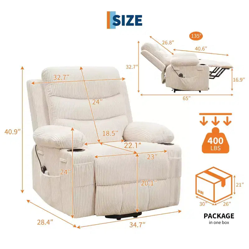 Fauteuil inclinable électrique surdimensionné GustoWave avec massage et chaleur pour personnes âgées, grand fauteuil inclinable, canapé inclinable individuel.