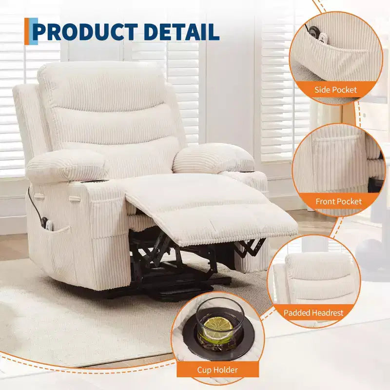 Fauteuil inclinable électrique surdimensionné GustoWave avec massage et chaleur pour personnes âgées, grand fauteuil inclinable, canapé inclinable individuel.