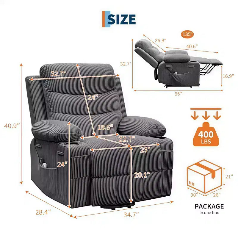 Fauteuil inclinable électrique surdimensionné GustoWave avec massage et chaleur pour personnes âgées, grand fauteuil inclinable, canapé inclinable individuel.