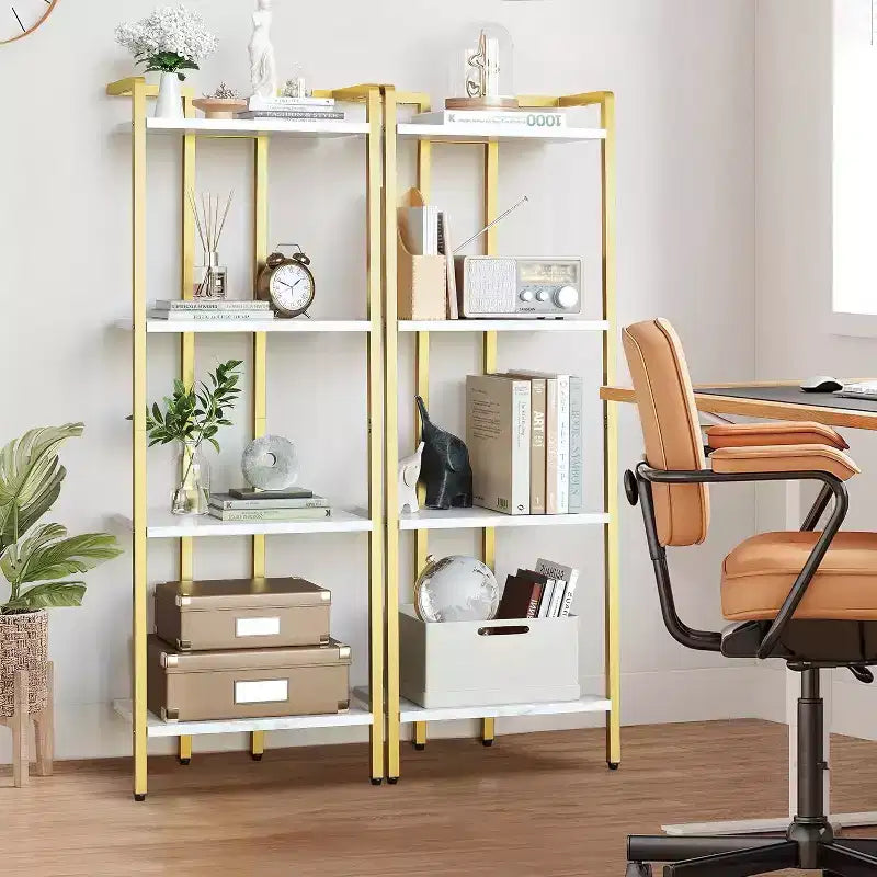 Étagère Acekool à 4 niveaux dorée, étagère de présentation étroite avec tablettes effet marbre et cadre métallique, bibliothèque pour chambre ou bureau