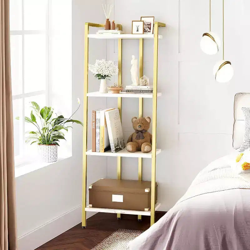 Étagère Acekool à 4 niveaux dorée, étagère de présentation étroite avec tablettes effet marbre et cadre métallique, bibliothèque pour chambre ou bureau