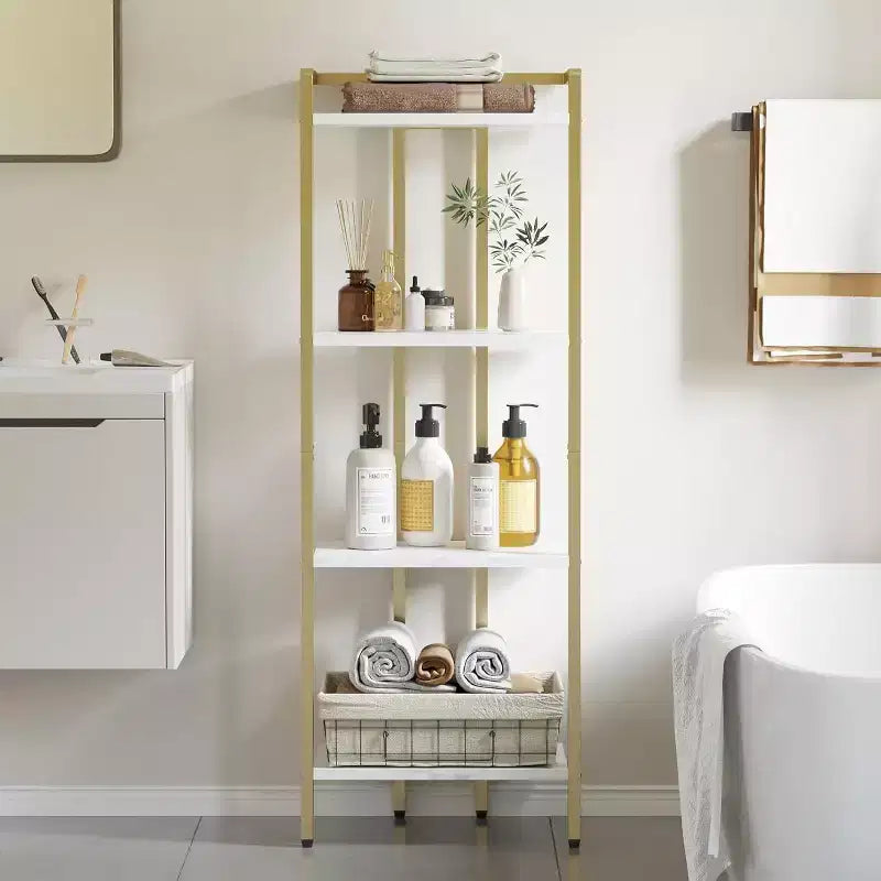Étagère Acekool à 4 niveaux dorée, étagère de présentation étroite avec tablettes effet marbre et cadre métallique, bibliothèque pour chambre ou bureau