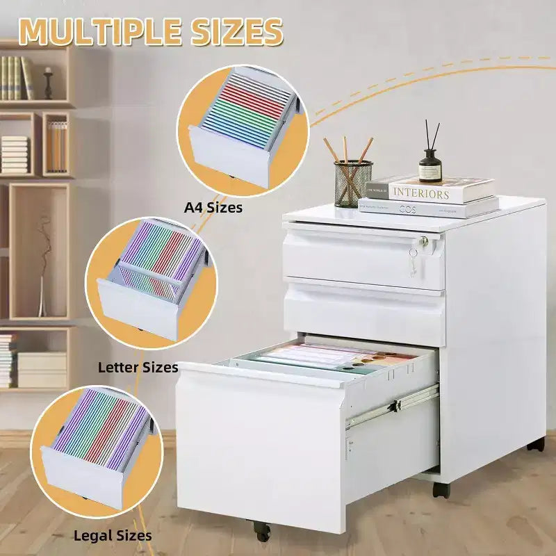 Acekool Caisson de bureau mobile à 3 tiroirs – Rangement verrouillable avec roulettes anti-basculement, compatible avec les dossiers lettres/format légal/A4, organisateur sous le bureau, noir