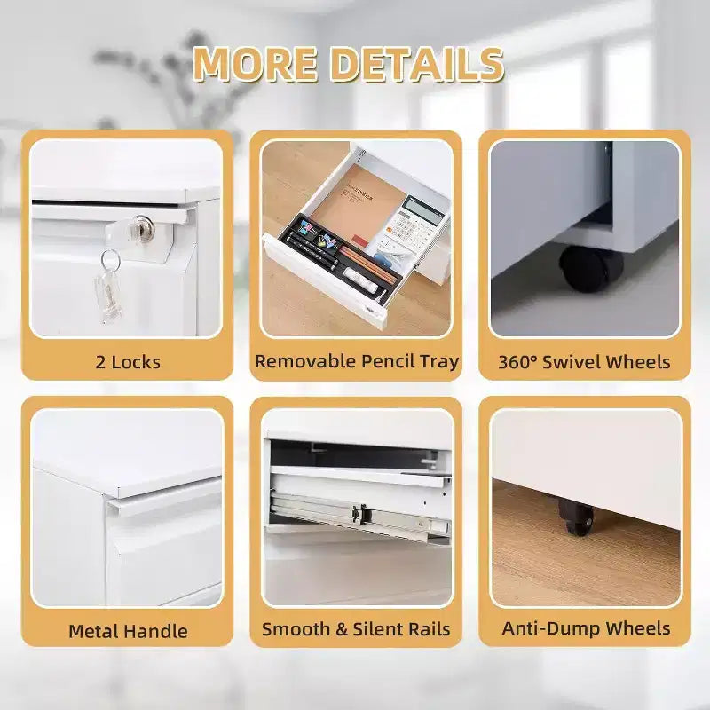 Acekool Caisson de bureau mobile à 3 tiroirs – Rangement verrouillable avec roulettes anti-basculement, compatible avec les dossiers lettres/format légal/A4, organisateur sous le bureau, noir