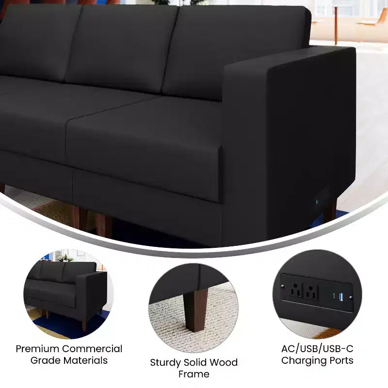 Fauteuil de réception HERCULES Artemis rembourré à accoudoir droit de Flash Furniture, 2 prises CA/1 port USB/1 port USB-C et pieds en bois de noyer avec patin de sol réglable