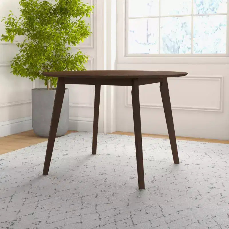 Table à manger 48 po en noyer massif de style milieu de siècle, bord biseauté sécuritaire pour enfants, 4 places, fini teinté brun