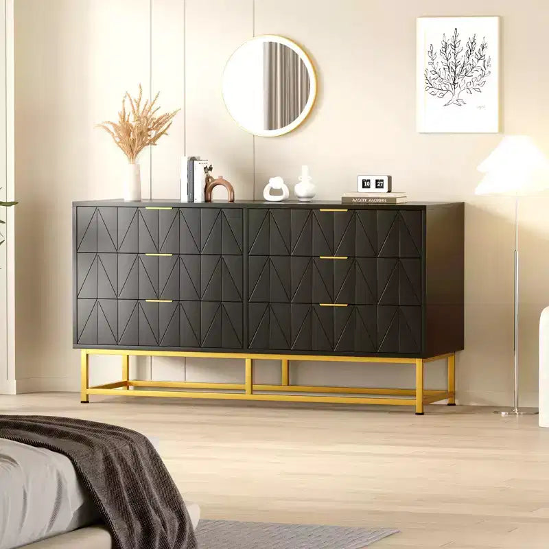 Commode étroite et moderne à 6 tiroirs en tissu avec poignée dorée pour chambre, dressing et salon