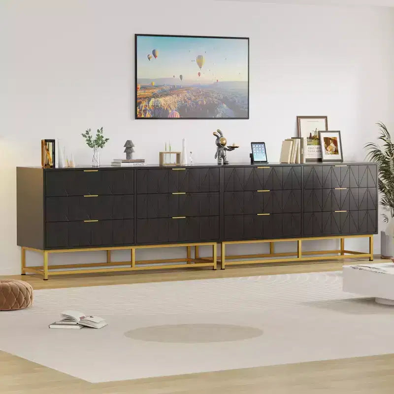 Commode étroite et moderne à 6 tiroirs en tissu avec poignée dorée pour chambre, dressing et salon