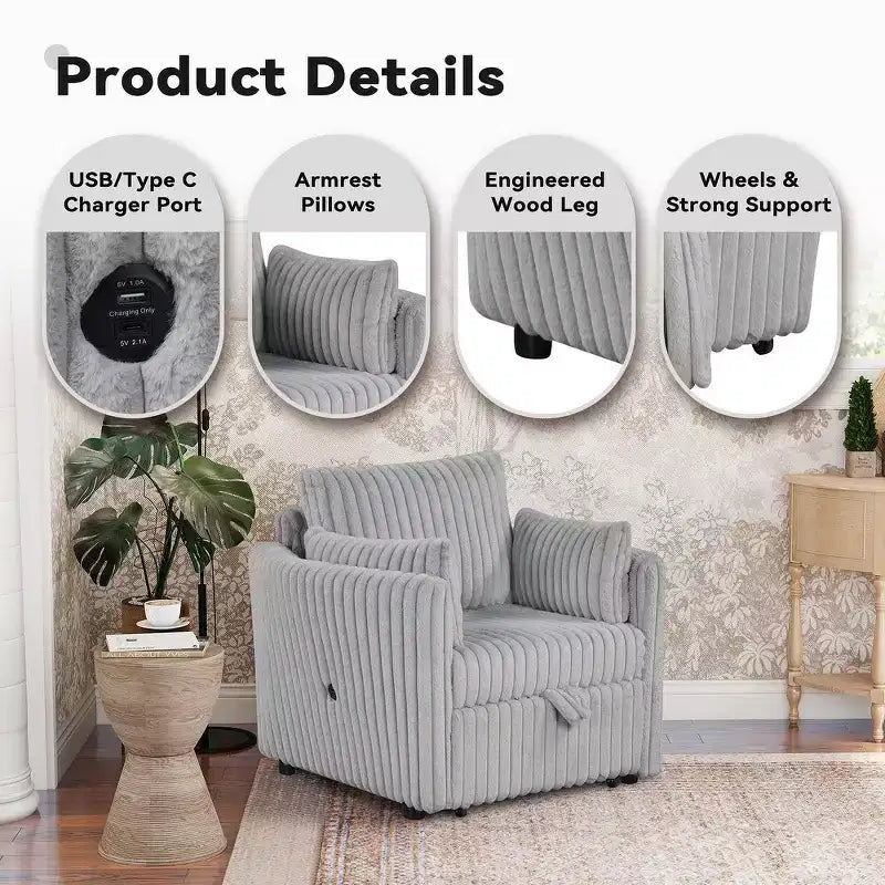 Fauteuil convertible CLIHOME avec USB et 2 oreillers, Canapé-lit une place, Canapé-lit gigogne