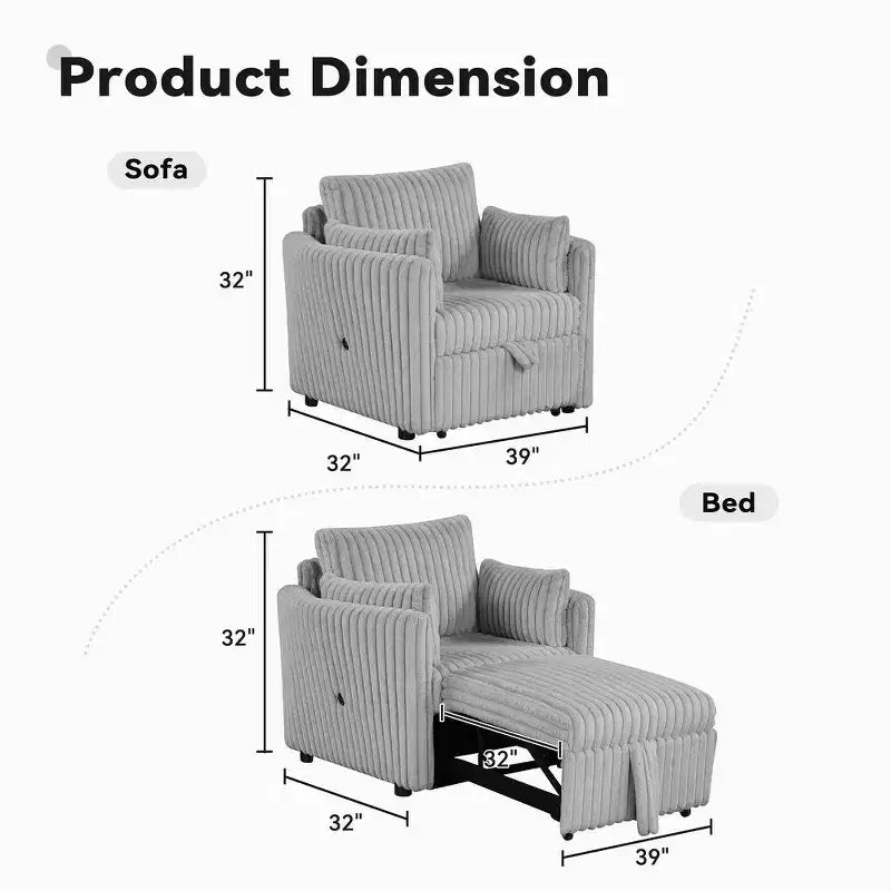 Fauteuil convertible CLIHOME avec USB et 2 oreillers, Canapé-lit une place, Canapé-lit gigogne