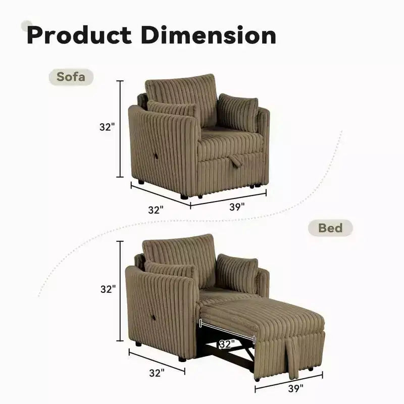 Fauteuil convertible CLIHOME avec USB et 2 oreillers, Canapé-lit une place, Canapé-lit gigogne