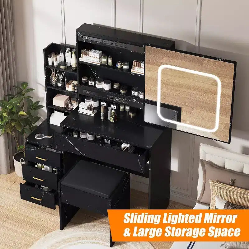 Coiffeuse Acekool avec tiroirs de rangement, miroir coulissant, station de charge, éclairage réglable, tabouret, marbre noir