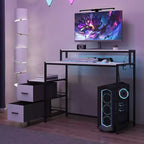 Bureau de jeu LED Famapy, avec cadre en métal, prise de courant intégrée, tiroirs et double plateau surélevé